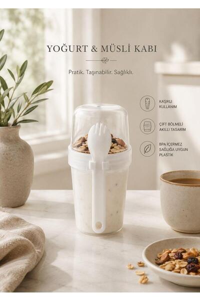 Okyanus Home Double Chamber Yogurt, Oat, Muesli Container with Spoon White (8...