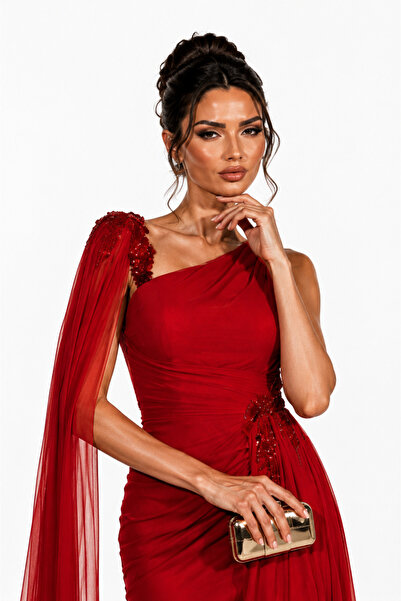Lovely Dress Taş İşlemeli Tek Omuz Şifon Pelerinli Uzun Abiye Elbise