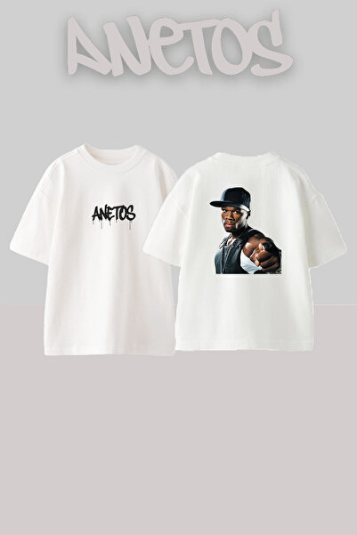 Anetos 50 Cent_78 Σχεδιαστικό εμπριμέ μπλουζάκι σε υπερμεγέθη λευκό χρώμα