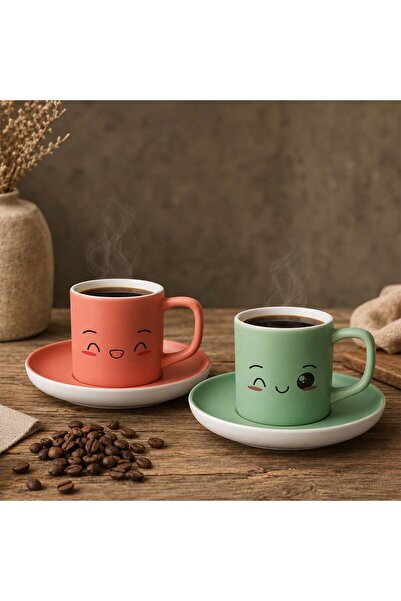 Bk Gift Set of 2 Ceramic Turkish Coffee Cups with Salmon and Green Colored Em...