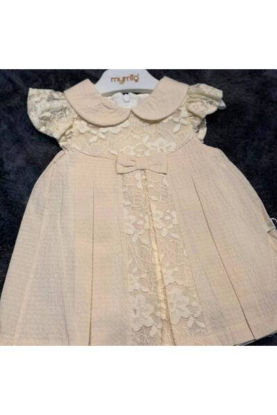 Mymio Girl's Lace Bow Dress - 100% Natural Cotton - Beige