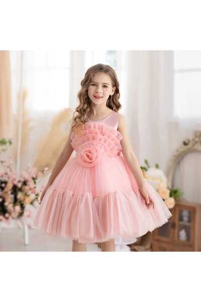 Printesasofy Rochie roz pudrat cu trandafir 3D pe piept. Evenimente cu tranda...
