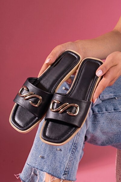 FUGA MODA Talisa Black Single Strap Slippers with Gold Accessories
