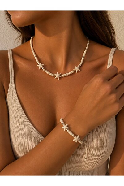 SBR Set Colier și Brățară cu Stea de Mare și Mărgele Albe – Bijuterii Boho de...