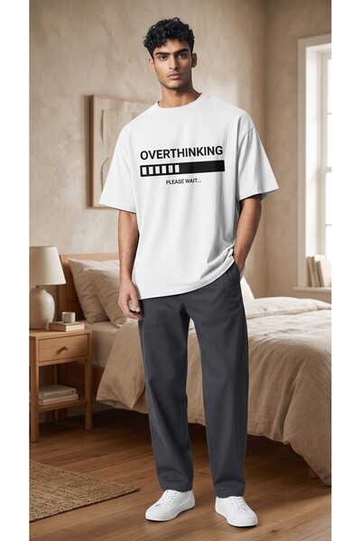Lumora Store %100 Pamuk Overthinking Baskılı Unisex Oversize Tişört Beyaz