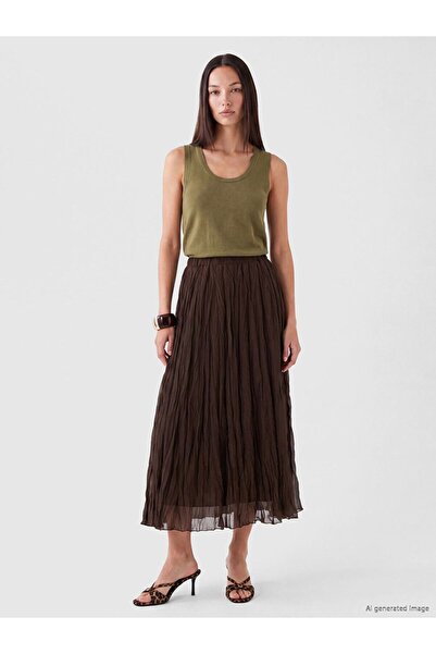 LC Waikiki Lcwaikiki Classic Brown Pleated Chiffon Skirt with Elastic Waist