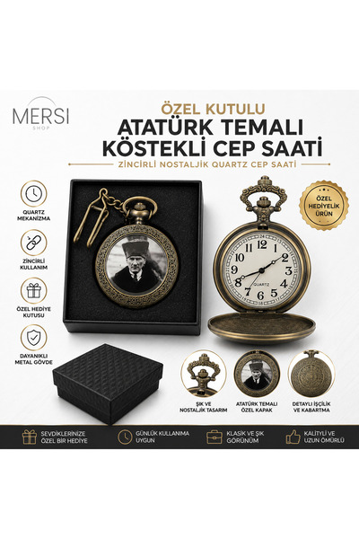 Mersi SHOP Özel Kutulu Atatürk Temalı Köstekli Cep Saati | Zincirli Nostaljik...