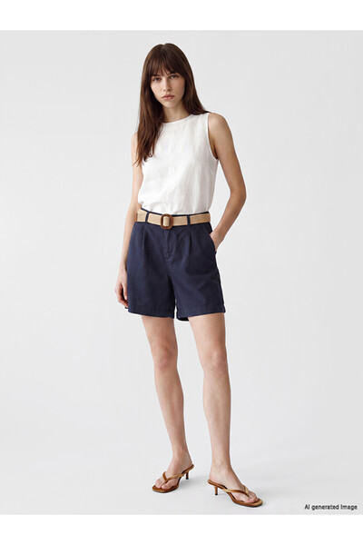 LC Waikiki Vizyon New Season Navy Blue Pleated Women's Jean Shorts with Belte...