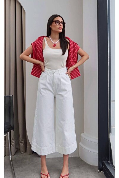 DENİKK Trendy Premium Pleated Wide-Leg Baggy Fit Denim Jean Capri - Trendy Pr...