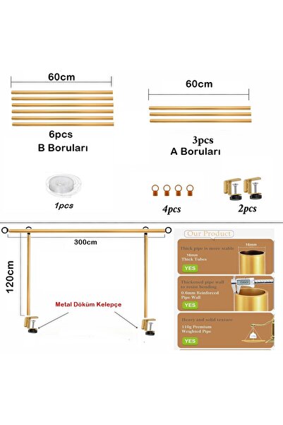T&Y FOTO Masa Tagı Standı Doğum Günü Parti Süsleme Davet Etkinlik Balon Kemeri 60-300cm Ayarlanabilir Gold Altın 120X300CM