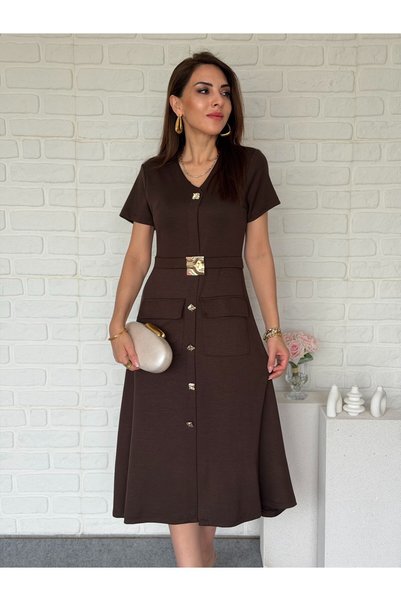 Goncalya Gold Buckle Midiboy Modal Dress