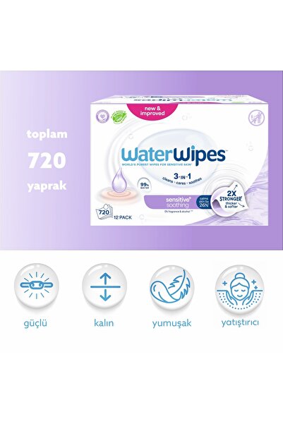 WaterWipes Sensitive+ Yatıştırıcı Islak Mendil 12x60 Adet (720 Yaprak) - Soot...