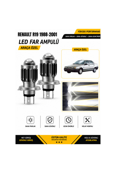 Oto Çizgi Renault R19 1981-2001 H4 LED Far Ampulü Beyaz Işık Canbus Mini Lens...