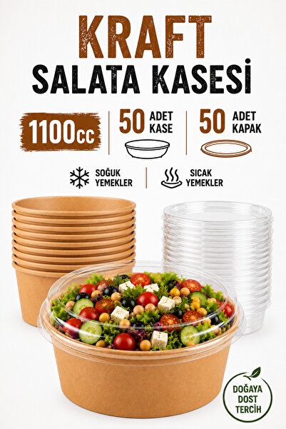 Delvos 1100 cc 50 Adet Büyük Boy Kraft Bowl Salata Diyet Kasesi 50 Adet Kapak...