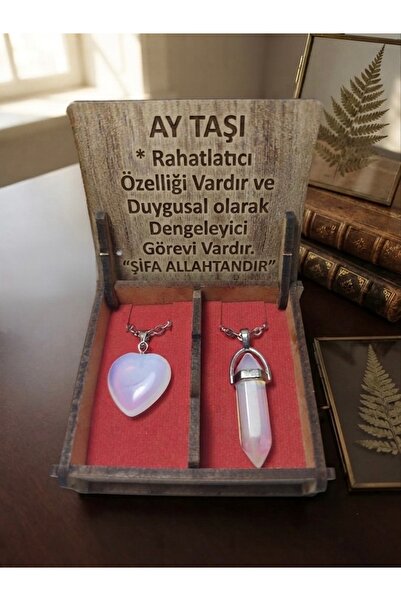 Meneva Aksesuar Moonstone Natural Stone Double Necklace Set with Wooden Box