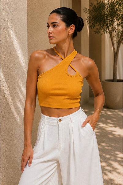 QUHOX Women's Yellow Cross Halter Neck Ribbed Crop Top with Drop Detail