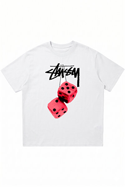 DASH WEAR Stussy Dice Printed White Oversize Crew Neck T-Shirt