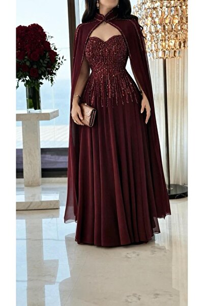 Mar style Luxury Cape Evening Dress with Shiny Embroidery