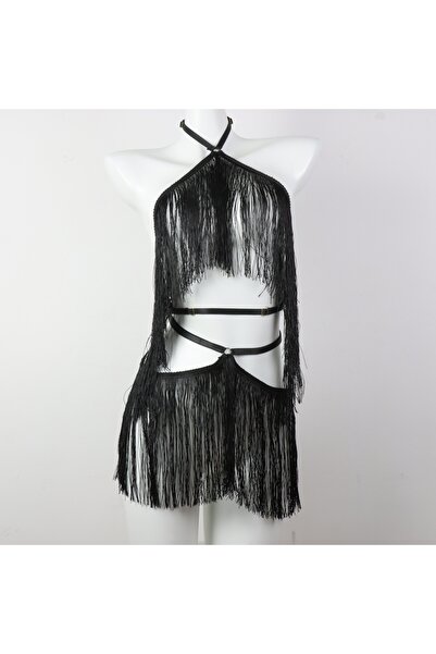 Choice1 StyleC 2PCS UYEE 2PCS Women's Black Halter Top with Tassel Detail Adj...