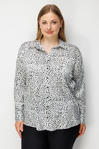 Moda İlgi Women's Plus Size Point Patterned Oversize Satin Shirt 0101 Black