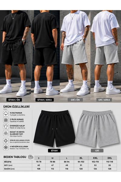 CANDERO 2-Piece Shorts for Men (Black-Grey) Summer Wide Fit Oversize Washable...
