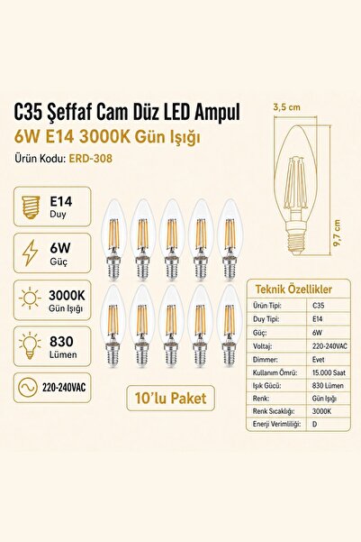 Heka C35 Şeffaf Cam Düz LED Ampul 6W E14 3000K Gün Işığı ERD-308 10'lu