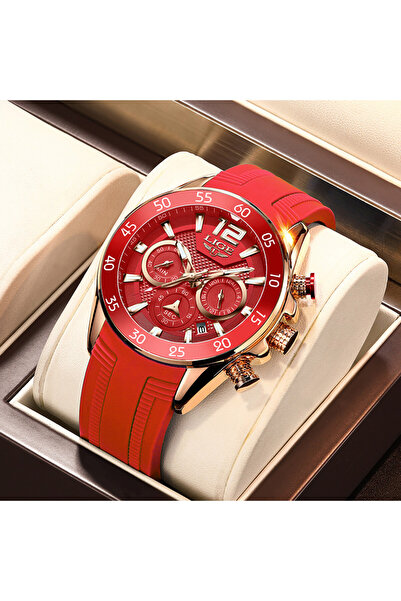 Choice5 LIGE gold Red LIGE Mens Watches Top Brand Luxury Red Silicone Watch M...
