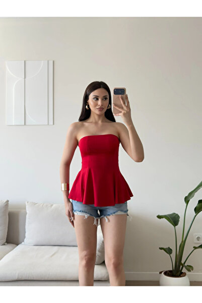 Zoom Butik Volanlı Straplez Bluz - KIRMIZI