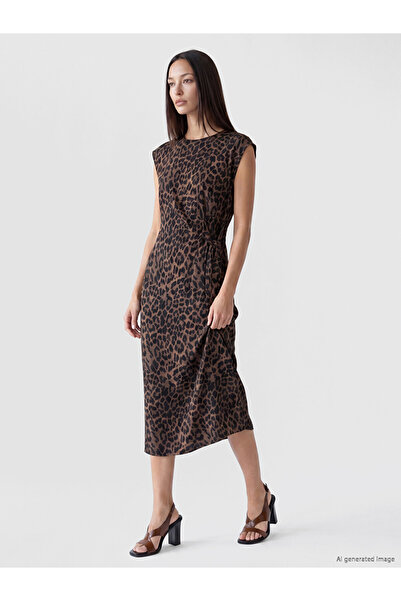 LC Waikiki Lcw Everyday Brown Crew Neck Leopard Print Drawstring Dress
