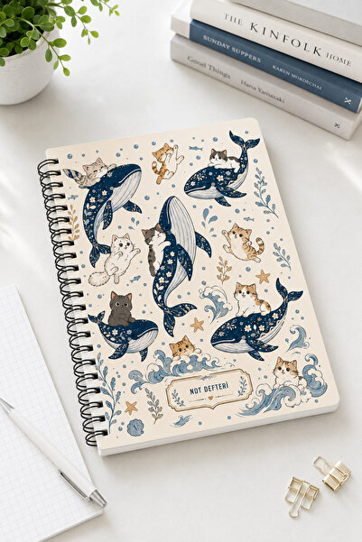 Anime Marketi A5 Balina ve Kedi Spiralli Defter – Çizgili | 100 Yaprak | Siya...