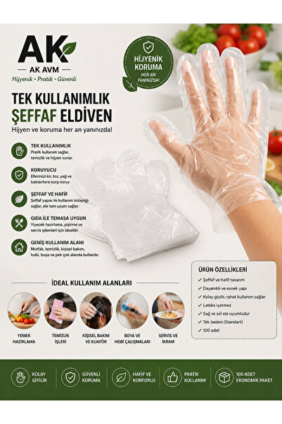 Ak Avm Şeffaf Tek Kullanımlık Eldiven LDPE Gıda Temas Uyumlu Hijyenik Mutfak ...