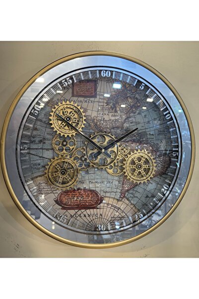 Genel Markalar 60x60 cm Çarklı Dünya Haritalı Metal Eskitme Duvar Saati