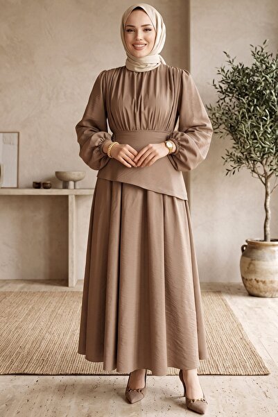 hadiora Drawstring Asymmetrical Layered Detailed Hijab Dress - Balloon Sleeve...