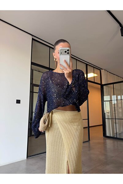 BB Bensu Buyruk Sequined Crop Mercerized Knitwear Dark Blue