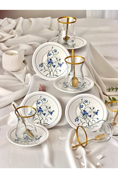 Yiğit Seramik Züccaciye Mavi Çiğdem Model Gold Gilded 6-Person 12-Piece Luxur...