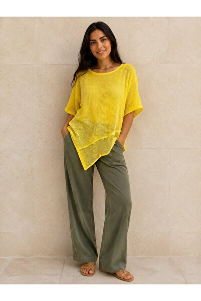 AGORATEKSTİL Women's Asymmetrical Cotton Fabric Mesh Blouse 42-50