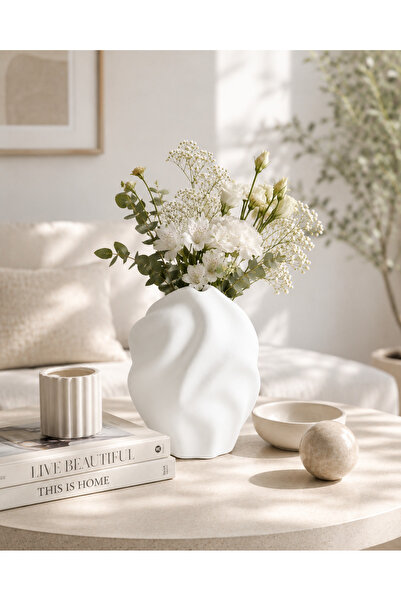 Lui Tasarım Wave Patterned Ceramic Stoneware Bohemian 18 cm Vase White Color