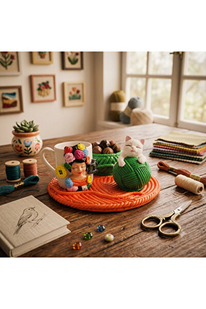 Dekor köşesi Knitted and Cat-Themed Handmade Coffee Cup Set, Presentation Gift