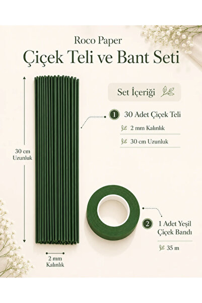 roco paper PVC Plastik Kaplı Yeşil Çiçek Tel ve Bant Seti, 2 mm - 30 cm, 10 A...