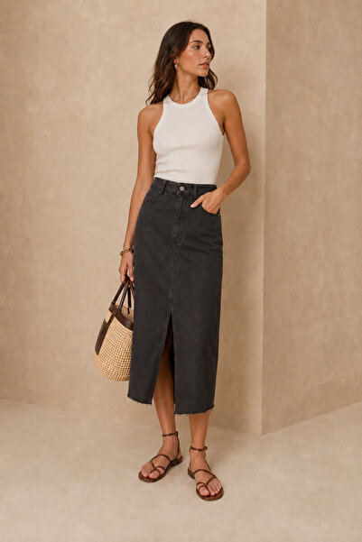 SHEVEGA Women's Smoked Slit Long Linen Skirt
