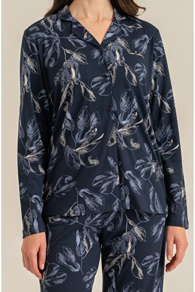 Pierre Cardin Set de pijamale pentru femei Leaves, albastru marin, cămașă și pantaloni PC9259-S-V1