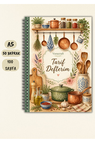 VORACRAFT Yemek Tarif Defteri, 50 Yaprak /100 Sayfa, A5 / Tel Spiral TRF0037