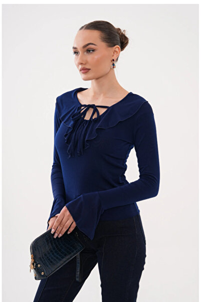 PIOVE Women's Volan Detailed Tie-Neck Blouse – Long Sleeve Spanish Sleeve