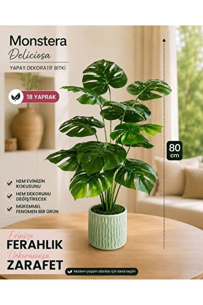 SBB Yapay Ağaç Monstera 18 Dallı Çalılık Yeşil Dekoratif Saksıda 80 cm
