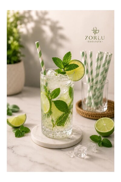 Zorlu Ekolojik Ürünler Yeşil Beyaz Çizgili Desenli Kağıt Pipet 6x200 mm 50 Ad...