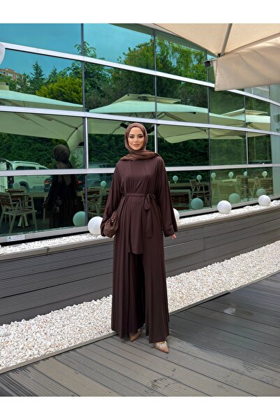 zahen neva 3 lü pantolonlu abaya takımı pantolon sıfır kol elbise ve abaya
