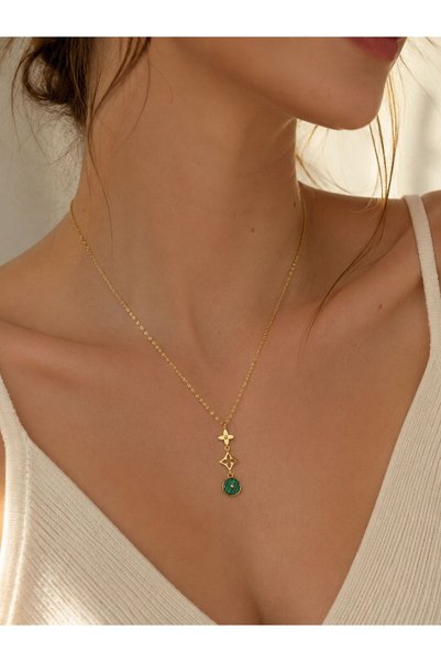 yes ticaret Women's Steel Gold Malachite Green Geometric Flower Necklace