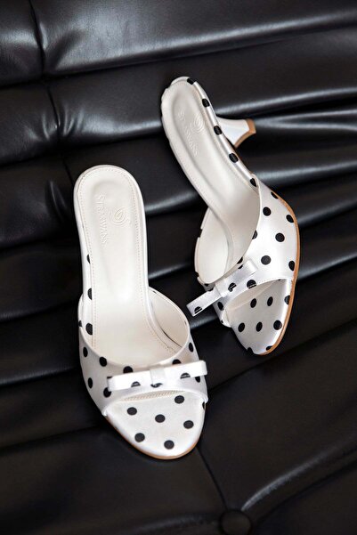 STRASWANS Majes Women's Heeled Satin Sandals White Polka Dot