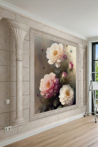 dreamwall Neoklasik Sütun ve Çiçekli Saray Desenli Tek Parça Tekstil Duvar Ka...