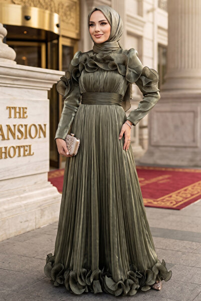 N.S NEVA STYLE Ruffle Detailed Khaki Hijab Evening Dress 56612Hk